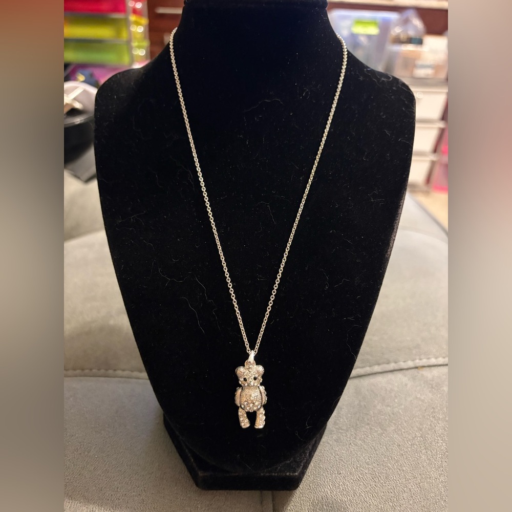 Articulated Teddy Bear Crystals Moveable Pendant Silver Chain Necklace 18” 4”ext
